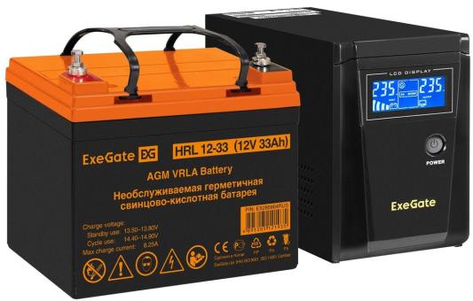 Комплект ИБП EX295986RUS + батарея 33Aч EX285664RUS 1шт (инвертор, синус, для котла) ExeGate SineTower SZ-600.LCD.AVR.1SH <600VA/360W, чистый синусоида, LCD дисплей, AVR, 1*Schuko, линейно-интерактивный, Black> + батарея ExeGate HRL 12-33 (12В, 33Ач) 1шт