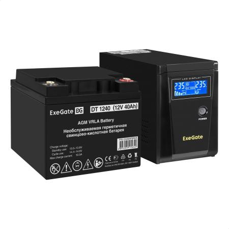 Комплект ИБП EX295986RUS + батарея 40Aч EX282976RUS 1шт (инвертор, синус, для котла) ExeGate SineTower SZ-600.LCD.AVR.1SH <600VA/360W, чистый синусоида, LCD дисплей, AVR, 1*Schuko, линейно-интерактивный, Black> + батарея ExeGate DT 1240 (12В, 40Ач) 1шт