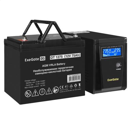 Комплект ИБП EX295986RUS + батарея 75Aч EX282983RUS 1шт (инвертор, синус, для котла) ExeGate SineTower SZ-600.LCD.AVR.1SH <600VA/360W, чистый синусоида, LCD дисплей, AVR, 1*Schuko, линейно-интерактивный, Black> + батарея ExeGate DT 1275 (12В, 75Ач) 1шт
