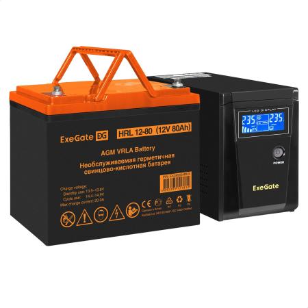 Комплект ИБП EX295986RUS + батарея 80Aч EX285654RUS 1шт (инвертор, синус, для котла) ExeGate SineTower SZ-600.LCD.AVR.1SH <600VA/360W, чистый синусоида, LCD дисплей, AVR, 1*Schuko, линейно-интерактивный, Black> + батарея ExeGate HRL 12-80 (12В, 80Ач) 1шт