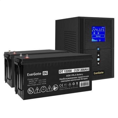 Комплект ИБП EX295987RUS + батарея 200Aч EX282991RUS 2шт (инвертор, синус, для котла) ExeGate SineTower SZ-1000.LCD.AVR.2SH.1C13.USB <1000VA/800W, чистый синусоида, LCD дисплей, AVR, 2*Schuko+1*C13, USB, линейно-интерактивный, Black> + батарея ExeGate DT 12200 (12В, 200Ач) 2шт