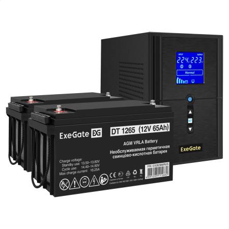 Комплект ИБП EX295987RUS + батарея 65Aч EX282980RUS 2шт (инвертор, синус, для котла) ExeGate SineTower SZ-1000.LCD.AVR.2SH.1C13.USB <1000VA/800W, чистый синусоида, LCD дисплей, AVR, 2*Schuko+1*C13, USB, линейно-интерактивный, Black> + батарея ExeGate DT 1265 (12В, 65Ач) 2шт