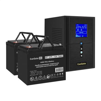 Комплект ИБП EX295987RUS + батарея 75Aч EX282983RUS 2шт (инвертор, синус, для котла) ExeGate SineTower SZ-1000.LCD.AVR.2SH.1C13.USB <1000VA/800W, чистый синусоида, LCD дисплей, AVR, 2*Schuko+1*C13, USB, линейно-интерактивный, Black> + батарея ExeGate DT 1275 (12В, 75Ач) 2шт