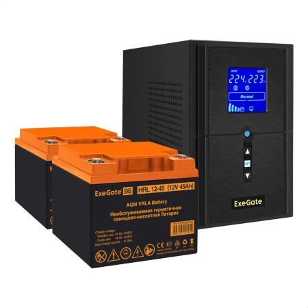 Комплект ИБП EX295988RUS + батарея 45Aч EX285666RUS 2шт (инвертор, синус, для котла) ExeGate SineTower SZ-1500.LCD.AVR.2SH.1C13.USB <1500VA/1200W, чистый синусоида, LCD дисплей, AVR, 2*Schuko+1*C13, USB, линейно-интерактивный, Black> + батарея ExeGate HRL 12-45 (12В, 45Ач) 2шт