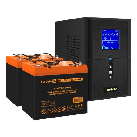 Комплект ИБП EX295988RUS + батарея 55Aч EX285652RUS 2шт (инвертор, синус, для котла) ExeGate SineTower SZ-1500.LCD.AVR.2SH.1C13.USB <1500VA/1200W, чистый синусоида, LCD дисплей, AVR, 2*Schuko+1*C13, USB, линейно-интерактивный, Black> + батарея ExeGate HRL 12-55 (12В, 55Ач) 2шт