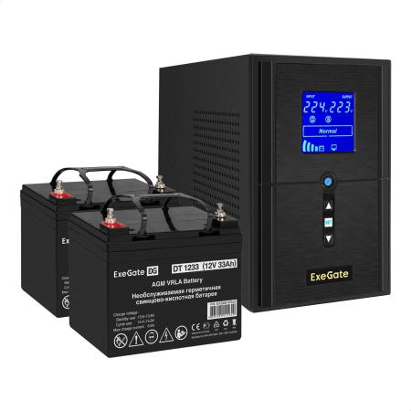 Комплект ИБП EX295988RUS + батарея 33Aч EX282974RUS 2шт (инвертор, синус, для котла) ExeGate SineTower SZ-1500.LCD.AVR.2SH.1C13.USB <1500VA/1200W, чистый синусоида, LCD дисплей, AVR, 2*Schuko+1*C13, USB, линейно-интерактивный, Black> + батарея ExeGate DT 1233 (12В, 33Ач) 2шт