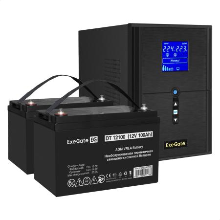 Комплект ИБП EX295989RUS + батарея 100Aч EX282985RUS 2шт (инвертор, синус, для котла) ExeGate SineTower SZ-2000.LCD.AVR.3SH.1C13.USB <2000VA/1600W, чистый синусоида, LCD дисплей, AVR, 3*Schuko+1*C13, USB, линейно-интерактивный, Black> + батарея ExeGate DT 12100 (12В, 100Ач) 2шт