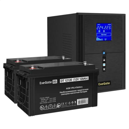 Комплект ИБП EX295989RUS + батарея 120Aч EX282988RUS 2шт (инвертор, синус, для котла) ExeGate SineTower SZ-2000.LCD.AVR.3SH.1C13.USB <2000VA/1600W, чистый синусоида, LCD дисплей, AVR, 3*Schuko+1*C13, USB, линейно-интерактивный, Black> + батарея ExeGate DT 12120 (12В, 120Ач) 2шт