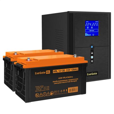 Комплект ИБП EX295989RUS + батарея 120Aч EX285657RUS 2шт (инвертор, синус, для котла) ExeGate SineTower SZ-2000.LCD.AVR.3SH.1C13.USB <2000VA/1600W, чистый синусоида, LCD дисплей, AVR, 3*Schuko+1*C13, USB, линейно-интерактивный, Black> + батарея ExeGate HRL 12-120 (12В, 120Ач) 2шт