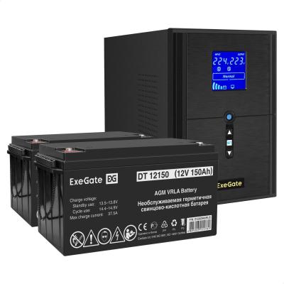 Комплект ИБП EX295989RUS + батарея 150Aч EX282990RUS 2шт (инвертор, синус, для котла) ExeGate SineTower SZ-2000.LCD.AVR.3SH.1C13.USB <2000VA/1600W, чистый синусоида, LCD дисплей, AVR, 3*Schuko+1*C13, USB, линейно-интерактивный, Black> + батарея ExeGate DT 12150 (12В, 150Ач) 2шт