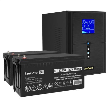 Комплект ИБП EX295989RUS + батарея 200Aч EX282991RUS 2шт (инвертор, синус, для котла) ExeGate SineTower SZ-2000.LCD.AVR.3SH.1C13.USB <2000VA/1600W, чистый синусоида, LCD дисплей, AVR, 3*Schuko+1*C13, USB, линейно-интерактивный, Black> + батарея ExeGate DT 12200 (12В, 200Ач) 2шт