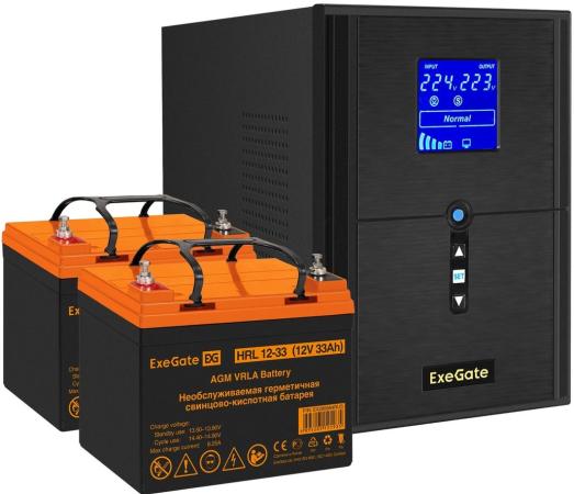 Комплект ИБП EX295989RUS + батарея 33Aч EX285664RUS 2шт (инвертор, синус, для котла) ExeGate SineTower SZ-2000.LCD.AVR.3SH.1C13.USB <2000VA/1600W, чистый синусоида, LCD дисплей, AVR, 3*Schuko+1*C13, USB, линейно-интерактивный, Black> + батарея ExeGate HRL 12-33 (12В, 33Ач) 2шт