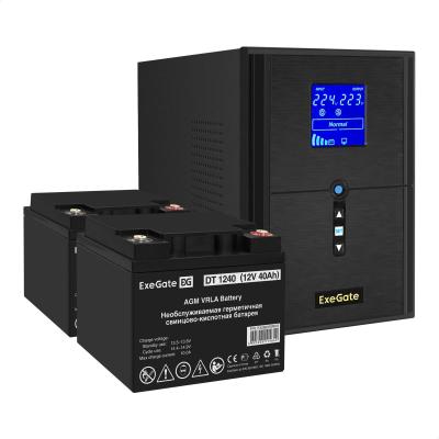 Комплект ИБП EX295989RUS + батарея 40Aч EX282976RUS 2шт (инвертор, синус, для котла) ExeGate SineTower SZ-2000.LCD.AVR.3SH.1C13.USB <2000VA/1600W, чистый синусоида, LCD дисплей, AVR, 3*Schuko+1*C13, USB, линейно-интерактивный, Black> + батарея ExeGate DT 1240 (12В, 40Ач) 2шт