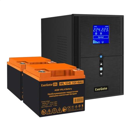 Комплект ИБП EX295989RUS + батарея 45Aч EX285666RUS 2шт (инвертор, синус, для котла) ExeGate SineTower SZ-2000.LCD.AVR.3SH.1C13.USB <2000VA/1600W, чистый синусоида, LCD дисплей, AVR, 3*Schuko+1*C13, USB, линейно-интерактивный, Black> + батарея ExeGate HRL 12-45 (12В, 45Ач) 2шт