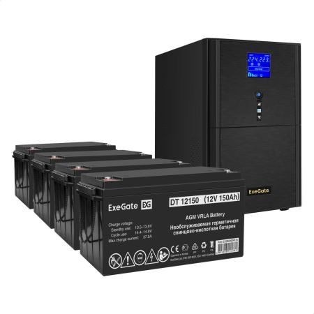 Комплект ИБП EX295990RUS + батарея 150Aч EX282990RUS 4шт (инвертор, синус, для котла) ExeGate SineTower SZ-3000.LCD.AVR.3SH.1C13.RJ.USB <3000VA/2400W, чистый синусоида, LCD дисплей, AVR, 3*Schuko+1*C13, RJ45/11, USB, линейно-интерактивный, Black> + батарея ExeGate DT 12150 (12В, 150Ач) 4шт