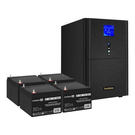 Комплект ИБП EX295990RUS + батарея 26Aч EX282970RUS 4шт (инвертор, синус, для котла) ExeGate SineTower SZ-3000.LCD.AVR.3SH.1C13.RJ.USB <3000VA/2400W, чистый синусоида, LCD дисплей, AVR, 3*Schuko+1*C13, RJ45/11, USB, линейно-интерактивный, Black> + батарея ExeGate DT 1226 (12В, 26Ач) 4шт