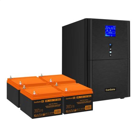 Комплект ИБП EX295990RUS + батарея 26Aч EX285663RUS 4шт (инвертор, синус, для котла) ExeGate SineTower SZ-3000.LCD.AVR.3SH.1C13.RJ.USB <3000VA/2400W, чистый синусоида, LCD дисплей, AVR, 3*Schuko+1*C13, RJ45/11, USB, линейно-интерактивный, Black> + батарея ExeGate HRL 12-26 (12В, 26Ач) 4шт