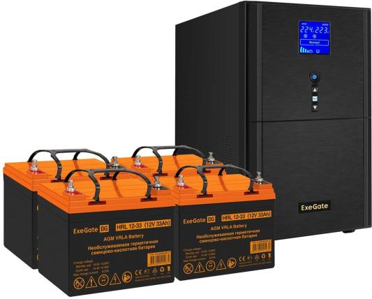 Комплект ИБП EX295990RUS + батарея 33Aч EX285664RUS 4шт (инвертор, синус, для котла) ExeGate SineTower SZ-3000.LCD.AVR.3SH.1C13.RJ.USB <3000VA/2400W, чистый синусоида, LCD дисплей, AVR, 3*Schuko+1*C13, RJ45/11, USB, линейно-интерактивный, Black> + батарея ExeGate HRL 12-33 (12В, 33Ач) 4шт