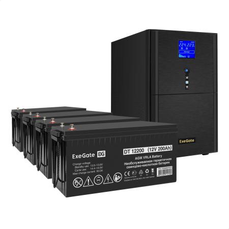 Комплект ИБП EX295991RUS + батарея 200Aч EX282991RUS 4шт (инвертор, синус, для котла) ExeGate SineTower SZ-5000.LCD.AVR.2SH.1C13.T.RJ.USB <5000VA/4000W, чистый синусоида, LCD дисплей, AVR, 2*Schuko+1*C13+клеммы, RJ45/11, USB, линейно-интерактивный, Black> + батарея ExeGate DT 12200 (12В, 200Ач) 4шт