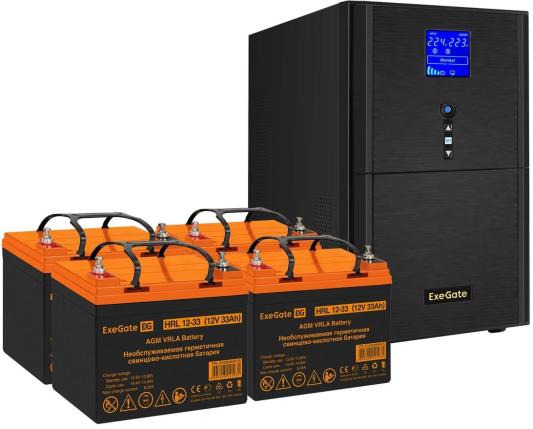 Комплект ИБП EX295991RUS + батарея 33Aч EX285664RUS 4шт (инвертор, синус, для котла) ExeGate SineTower SZ-5000.LCD.AVR.2SH.1C13.T.RJ.USB <5000VA/4000W, чистый синусоида, LCD дисплей, AVR, 2*Schuko+1*C13+клеммы, RJ45/11, USB, линейно-интерактивный, Black> + батарея ExeGate HRL 12-33 (12В, 33Ач) 4шт