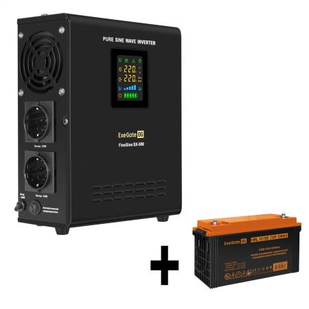 Комплект ИБП EX295995RUS + батарея 120Aч EX285657RUS 1шт (инвертор, синус, для котла, настенный) ExeGate FineSine SX-500.LCD.AVR.2SH <500VA/300W, чистая синусоида, цветной LCD-дисплей, AVR, 2*Schuko, линейно-интерактивный, крепление настенное/универсальное, Black> + батарея ExeGate HRL 12-120 (12В, 120Ач) 1шт