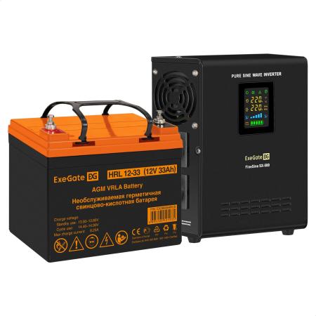 Комплект ИБП EX295995RUS + батарея 33Aч EX285664RUS 1шт (инвертор, синус, для котла, настенный) ExeGate FineSine SX-500.LCD.AVR.2SH <500VA/300W, чистая синусоида, цветной LCD-дисплей, AVR, 2*Schuko, линейно-интерактивный, крепление настенное/универсальное, Black> + батарея ExeGate HRL 12-33 (12В, 33Ач) 1шт