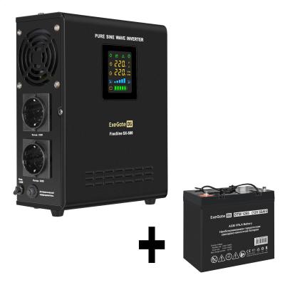 Комплект ИБП EX295995RUS + батарея 55Aч EX285667RUS 1шт (инвертор, синус, для котла, настенный) ExeGate FineSine SX-500.LCD.AVR.2SH <500VA/300W, чистая синусоида, цветной LCD-дисплей, AVR, 2*Schuko, линейно-интерактивный, крепление настенное/универсальное, Black> + батарея ExeGate DTM 1255 (12В, 55Ач) 1шт