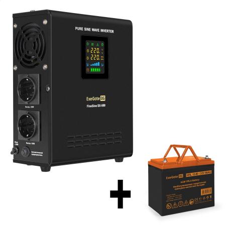 Комплект ИБП EX295995RUS + батарея 80Aч EX285654RUS 1шт (инвертор, синус, для котла, настенный) ExeGate FineSine SX-500.LCD.AVR.2SH <500VA/300W, чистая синусоида, цветной LCD-дисплей, AVR, 2*Schuko, линейно-интерактивный, крепление настенное/универсальное, Black> + батарея ExeGate HRL 12-80 (12В, 80Ач) 1шт