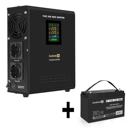 Комплект ИБП EX295996RUS + батарея 100Aч EX282985RUS 1шт (инвертор, синус, для котла, настенный) ExeGate FineSine SX-800.LCD.AVR.2SH <800VA/500W, чистая синусоида, цветной LCD-дисплей, AVR, 2*Schuko, линейно-интерактивный, крепление настенное/универсальное, Black> + батарея ExeGate DT 12100 (12В, 100Ач) 1шт