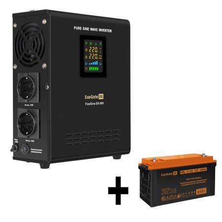 Комплект ИБП EX295996RUS + батарея 120Aч EX285657RUS 1шт (инвертор, синус, для котла, настенный) ExeGate FineSine SX-800.LCD.AVR.2SH <800VA/500W, чистая синусоида, цветной LCD-дисплей, AVR, 2*Schuko, линейно-интерактивный, крепление настенное/универсальное, Black> + батарея ExeGate HRL 12-120 (12В, 120Ач) 1шт