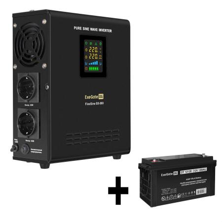 Комплект ИБП EX295996RUS + батарея 120Aч EX282988RUS 1шт (инвертор, синус, для котла, настенный) ExeGate FineSine SX-800.LCD.AVR.2SH  + батарея ExeGate DT 12120 (12В, 120Ач) 1шт