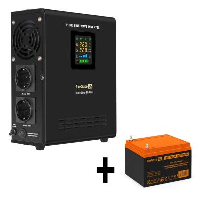 Комплект ИБП EX295996RUS + батарея 26Aч EX285663RUS 1шт (инвертор, синус, для котла, настенный) ExeGate FineSine SX-800.LCD.AVR.2SH <800VA/500W, чистая синусоида, цветной LCD-дисплей, AVR, 2*Schuko, линейно-интерактивный, крепление настенное/универсальное, Black> + батарея ExeGate HRL 12-26 (12В, 26Ач) 1шт