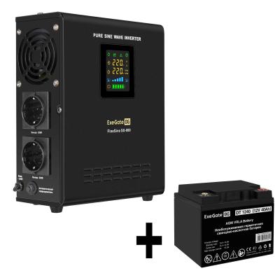 Комплект ИБП EX295996RUS + батарея 40Aч EX282976RUS 1шт (инвертор, синус, для котла, настенный) ExeGate FineSine SX-800.LCD.AVR.2SH <800VA/500W, чистая синусоида, цветной LCD-дисплей, AVR, 2*Schuko, линейно-интерактивный, крепление настенное/универсальное, Black> + батарея ExeGate DT 1240 (12В, 40Ач) 1шт