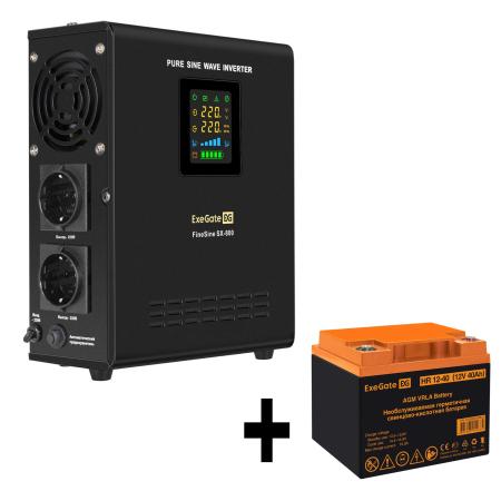Комплект ИБП EX295996RUS + батарея 40Aч EX282979RUS 1шт (инвертор, синус, для котла, настенный) ExeGate FineSine SX-800.LCD.AVR.2SH <800VA/500W, чистая синусоида, цветной LCD-дисплей, AVR, 2*Schuko, линейно-интерактивный, крепление настенное/универсальное, Black> + батарея ExeGate HR 12-40 (12В, 40Ач) 1шт