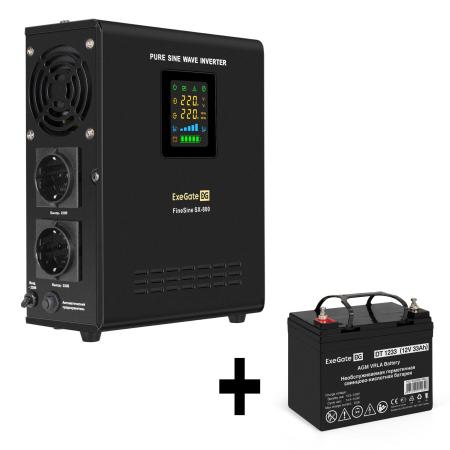 Комплект ИБП EX295996RUS + батарея 33Aч EX282974RUS 1шт (инвертор, синус, для котла, настенный) ExeGate FineSine SX-800.LCD.AVR.2SH <800VA/500W, чистая синусоида, цветной LCD-дисплей, AVR, 2*Schuko, линейно-интерактивный, крепление настенное/универсальное, Black> + батарея ExeGate DT 1233 (12В, 33Ач) 1шт