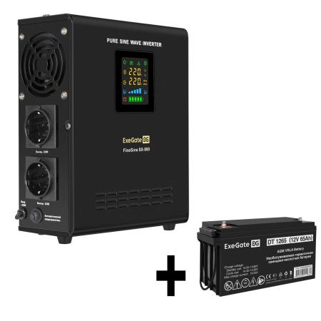 Комплект ИБП EX295996RUS + батарея 65Aч EX282980RUS 1шт (инвертор, синус, для котла, настенный) ExeGate FineSine SX-800.LCD.AVR.2SH <800VA/500W, чистая синусоида, цветной LCD-дисплей, AVR, 2*Schuko, линейно-интерактивный, крепление настенное/универсальное, Black> + батарея ExeGate DT 1265 (12В, 65Ач) 1шт