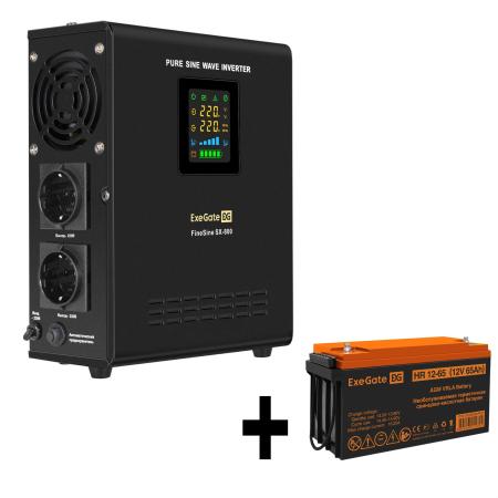 Комплект ИБП EX295996RUS + батарея 65Aч EX282982RUS 1шт (инвертор, синус, для котла, настенный) ExeGate FineSine SX-800.LCD.AVR.2SH <800VA/500W, чистая синусоида, цветной LCD-дисплей, AVR, 2*Schuko, линейно-интерактивный, крепление настенное/универсальное, Black> + батарея ExeGate HR 12-65 (12В, 65Ач) 1шт