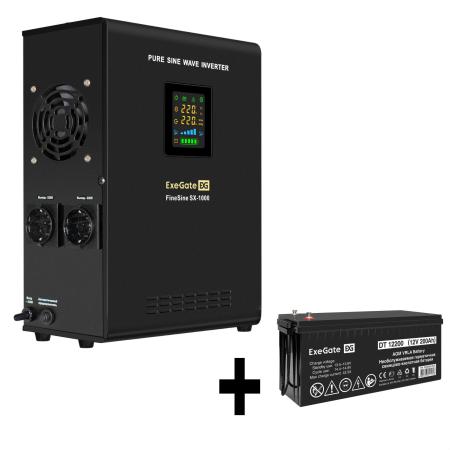Комплект ИБП EX295997RUS + батарея 200Aч EX282991RUS 1шт (инвертор, синус, для котла, настенный) ExeGate FineSine SX-1000.LCD.AVR.2SH <1000VA/600W, чистая синусоида, цветной LCD-дисплей, AVR, 2*Schuko, линейно-интерактивный, крепление настенное/универсальное, Black> + батарея ExeGate DT 12200 (12В, 200Ач) 1шт
