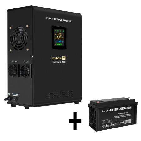 Комплект ИБП EX295997RUS + батарея 120Aч EX282988RUS 1шт (инвертор, синус, для котла, настенный) ExeGate FineSine SX-1000.LCD.AVR.2SH <1000VA/600W, чистая синусоида, цветной LCD-дисплей, AVR, 2*Schuko, линейно-интерактивный, крепление настенное/универсальное, Black> + батарея ExeGate DT 12120 (12В, 120Ач) 1шт