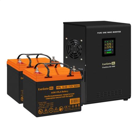 Комплект ИБП EX295997RUS + батарея 33Aч EX285664RUS 1шт (инвертор, синус, для котла, настенный) ExeGate FineSine SX-1000.LCD.AVR.2SH <1000VA/600W, чистая синусоида, цветной LCD-дисплей, AVR, 2*Schuko, линейно-интерактивный, крепление настенное/универсальное, Black> + батарея ExeGate HRL 12-33 (12В, 33Ач) 1шт