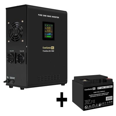 Комплект ИБП EX295997RUS + батарея 40Aч EX282976RUS 1шт (инвертор, синус, для котла, настенный) ExeGate FineSine SX-1000.LCD.AVR.2SH <1000VA/600W, чистая синусоида, цветной LCD-дисплей, AVR, 2*Schuko, линейно-интерактивный, крепление настенное/универсальное, Black> + батарея ExeGate DT 1240 (12В, 40Ач) 1шт
