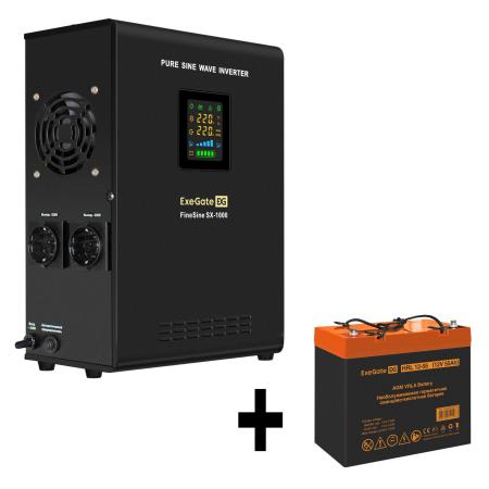 Комплект ИБП EX295997RUS + батарея 55Aч EX285652RUS 1шт (инвертор, синус, для котла, настенный) ExeGate FineSine SX-1000.LCD.AVR.2SH <1000VA/600W, чистая синусоида, цветной LCD-дисплей, AVR, 2*Schuko, линейно-интерактивный, крепление настенное/универсальное, Black> + батарея ExeGate HRL 12-55 (12В, 55Ач) 1шт