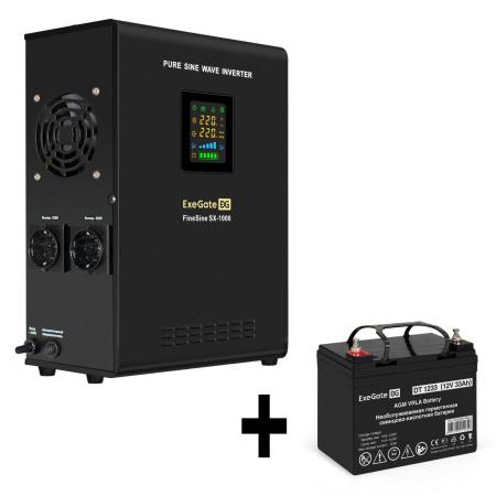 Комплект ИБП EX295997RUS + батарея 33Aч EX282974RUS 1шт (инвертор, синус, для котла, настенный) ExeGate FineSine SX-1000.LCD.AVR.2SH <1000VA/600W, чистая синусоида, цветной LCD-дисплей, AVR, 2*Schuko, линейно-интерактивный, крепление настенное/универсальное, Black> + батарея ExeGate DT 1233 (12В, 33Ач) 1шт