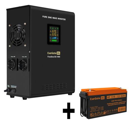Комплект ИБП EX295997RUS + батарея 65Aч EX282982RUS 1шт (инвертор, синус, для котла, настенный) ExeGate FineSine SX-1000.LCD.AVR.2SH <1000VA/600W, чистая синусоида, цветной LCD-дисплей, AVR, 2*Schuko, линейно-интерактивный, крепление настенное/универсальное, Black> + батарея ExeGate HR 12-65 (12В, 65Ач) 1шт