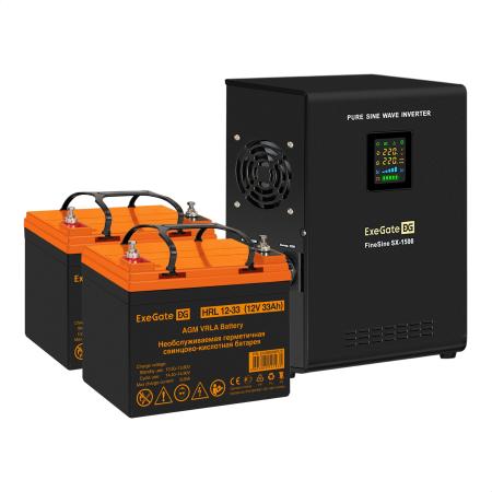Комплект ИБП EX295998RUS + батарея 33Aч EX285664RUS 2шт (инвертор, синус, для котла, настенный) ExeGate FineSine SX-1500.LCD.AVR.2SH <1500VA/1050W, чистая синусоида, цветной LCD-дисплей, AVR, 2*Schuko, линейно-интерактивный, крепление настенное/универсальное, Black> + батарея ExeGate HRL 12-33 (12В, 33Ач) 2шт