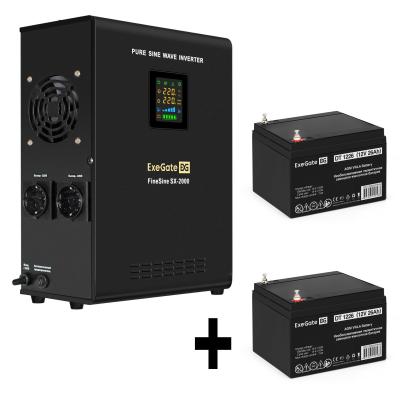 Комплект ИБП EX296001RUS + батарея 26Aч EX282970RUS 2шт (инвертор, синус, для котла, настенный) ExeGate FineSine SX-2000.LCD.AVR.2SH <2000VA/1400W, чистая синусоида, цветной LCD-дисплей, AVR, 2*Schuko, линейно-интерактивный, крепление настенное/универсальное, Black> + батарея ExeGate DT 1226 (12В, 26Ач) 2шт