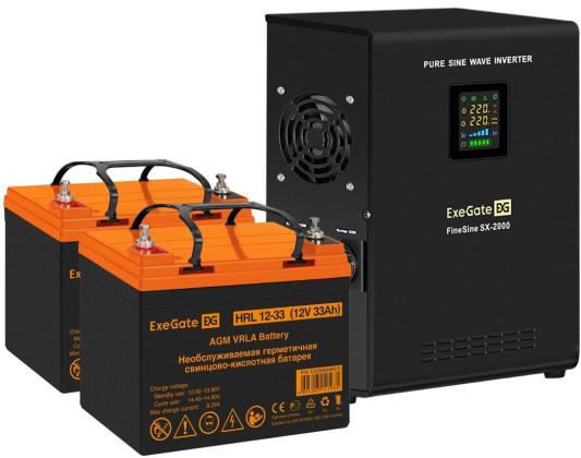 Комплект ИБП EX296001RUS + батарея 33Aч EX285664RUS 2шт (инвертор, синус, для котла, настенный) ExeGate FineSine SX-2000.LCD.AVR.2SH <2000VA/1400W, чистая синусоида, цветной LCD-дисплей, AVR, 2*Schuko, линейно-интерактивный, крепление настенное/универсальное, Black> + батарея ExeGate HRL 12-33 (12В, 33Ач) 2шт