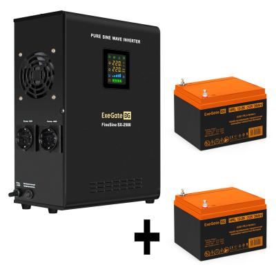 Комплект ИБП EX296002RUS + батарея 26Aч EX285663RUS 2шт (инвертор, синус, для котла, настенный) ExeGate FineSine SX-2500.LCD.AVR.2SH <2500VA/1800W, чистая синусоида, цветной LCD-дисплей, AVR, 2*Schuko, линейно-интерактивный, крепление настенное/универсальное, Black> + батарея ExeGate HRL 12-26 (12В, 26Ач) 2шт