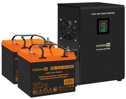 Комплект ИБП EX296002RUS + батарея 33Aч EX285664RUS 2шт (инвертор, синус, для котла, настенный) ExeGate FineSine SX-2500.LCD.AVR.2SH <2500VA/1800W, чистая синусоида, цветной LCD-дисплей, AVR, 2*Schuko, линейно-интерактивный, крепление настенное/универсальное, Black> + батарея ExeGate HRL 12-33 (12В, 33Ач) 2шт