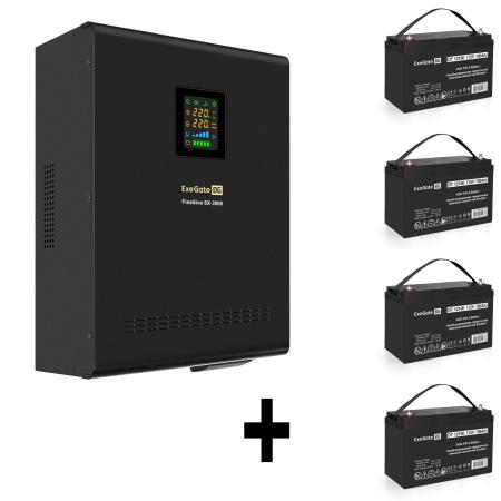 Комплект ИБП EX296003RUS + батарея 100Aч EX282985RUS 4шт (инвертор, синус, для котла, настенный) ExeGate FineSine SX-3000.LCD.AVR.2SH.T <3000VA/2100W, чистая синусоида, цветной LCD-дисплей, AVR, 2*Schuko+клеммы, линейно-интерактивный, крепление настенное, Black> + батарея ExeGate DT 12100 (12В, 100Ач) 4шт